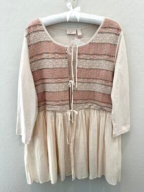 LOGO | Boho Embroidered Peasant Cream Pink Beaded Tie Front Tunic Top | Medium